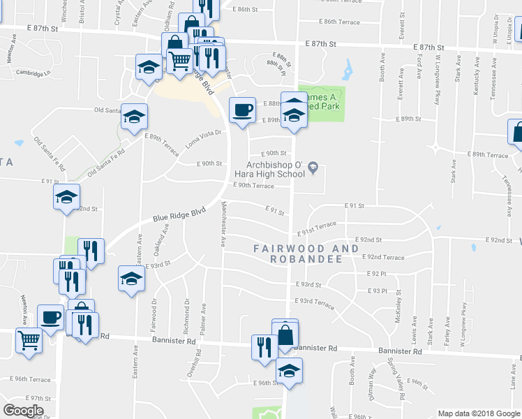 map of restaurants, bars, coffee shops, grocery stores, and more near 8004 East 91st Terrace in Kansas City