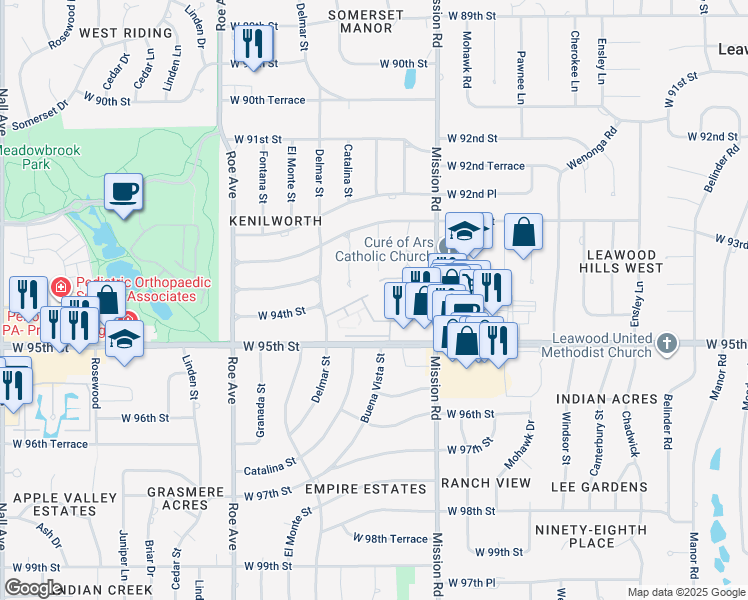 map of restaurants, bars, coffee shops, grocery stores, and more near 4123 West 94th Terrace in Prairie Village
