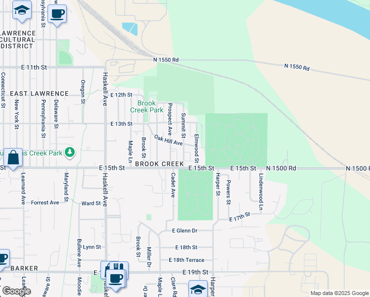 map of restaurants, bars, coffee shops, grocery stores, and more near 1409 Summit Street in Lawrence