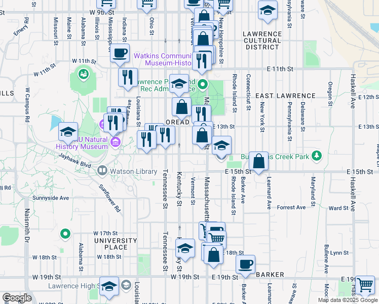 map of restaurants, bars, coffee shops, grocery stores, and more near 1400 Kentucky Street in Lawrence
