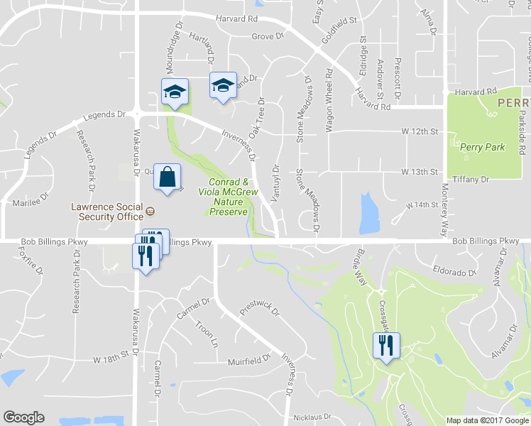 map of restaurants, bars, coffee shops, grocery stores, and more near 1406 Anthony Michael Drive in Lawrence
