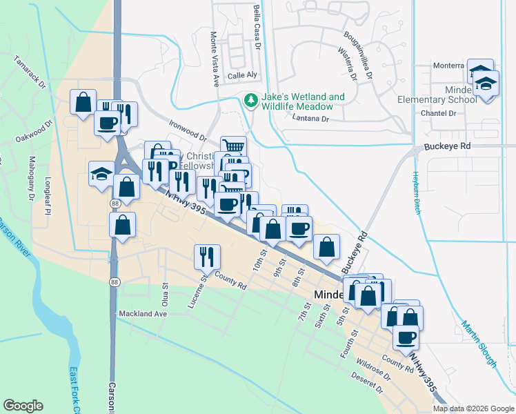 map of restaurants, bars, coffee shops, grocery stores, and more near 1641 U.S. Highway 395 North in Minden