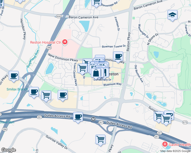 map of restaurants, bars, coffee shops, grocery stores, and more near 1875 Explorer Street in Reston