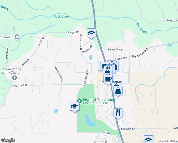 map of restaurants, bars, coffee shops, grocery stores, and more near 11673 Sherwood Way in Auburn