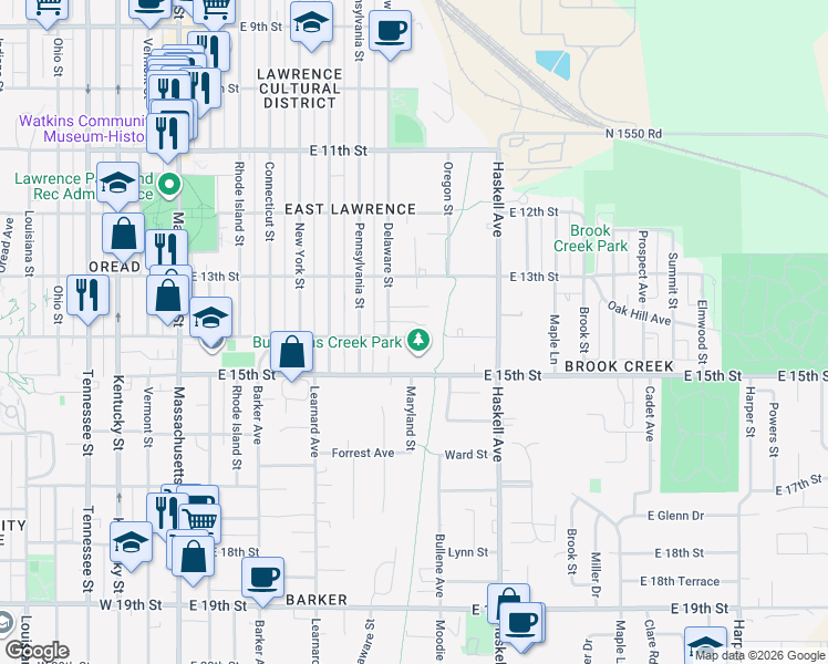 map of restaurants, bars, coffee shops, grocery stores, and more near 791-837 East 14th Street in Lawrence