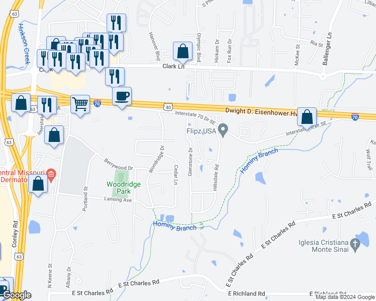 map of restaurants, bars, coffee shops, grocery stores, and more near 711 Glenstone Drive in Columbia