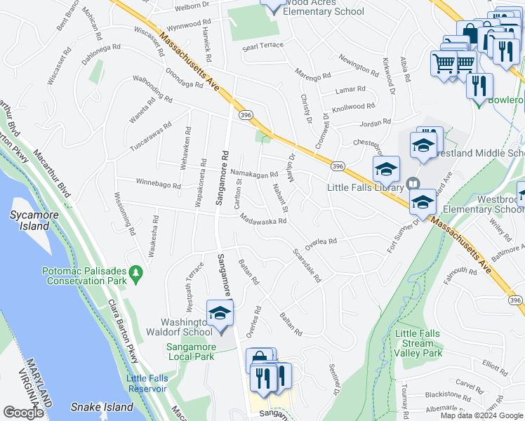 map of restaurants, bars, coffee shops, grocery stores, and more near 5900 Carlton Lane in Bethesda