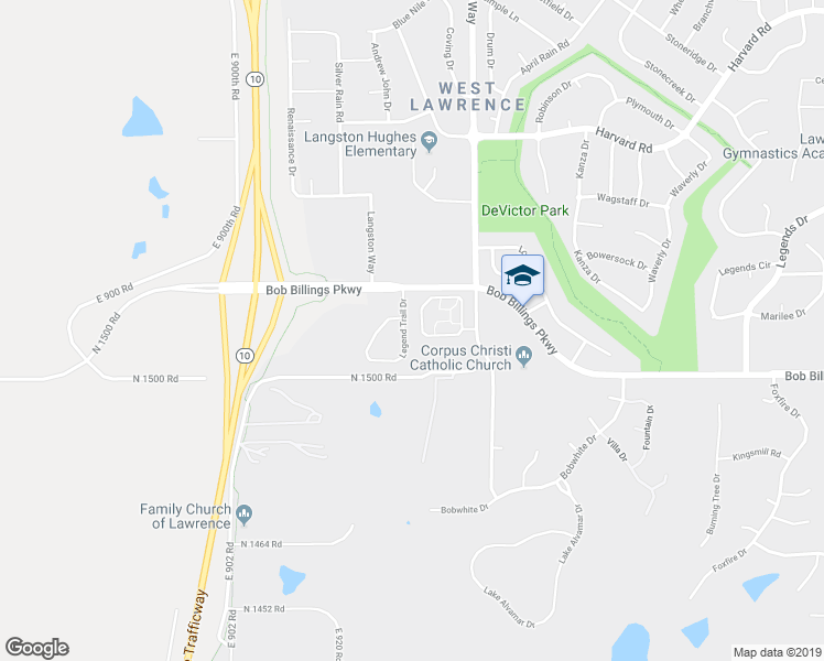 map of restaurants, bars, coffee shops, grocery stores, and more near 1512 Legend Trail Drive in Lawrence