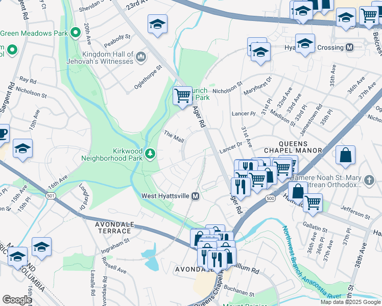 map of restaurants, bars, coffee shops, grocery stores, and more near 2611 Kirkwood Place in Hyattsville