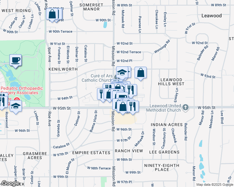map of restaurants, bars, coffee shops, grocery stores, and more near 9400 Mission Road in Leawood
