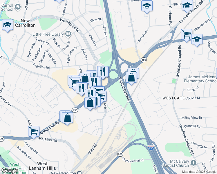 map of restaurants, bars, coffee shops, grocery stores, and more near 8627 Annapolis Road in New Carrollton