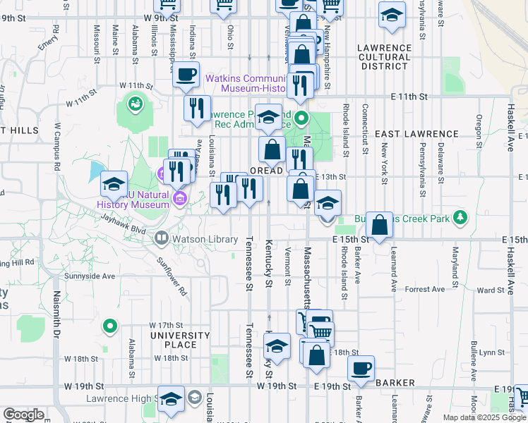 map of restaurants, bars, coffee shops, grocery stores, and more near 1400 Kentucky Street in Lawrence