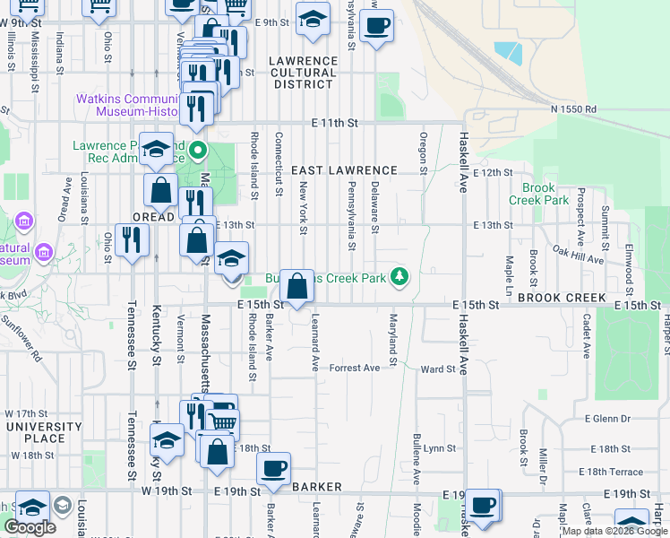 map of restaurants, bars, coffee shops, grocery stores, and more near 1405 Pennsylvania Street in Lawrence