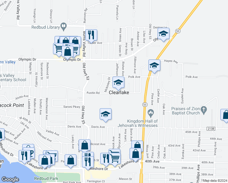 map of restaurants, bars, coffee shops, grocery stores, and more near 15233 Austin Road in Clearlake