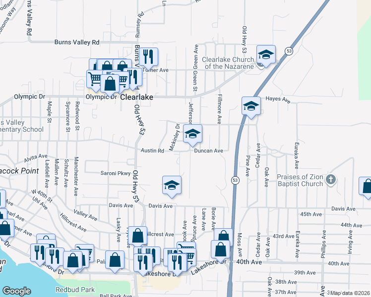 map of restaurants, bars, coffee shops, grocery stores, and more near 15233 Austin Road in Clearlake