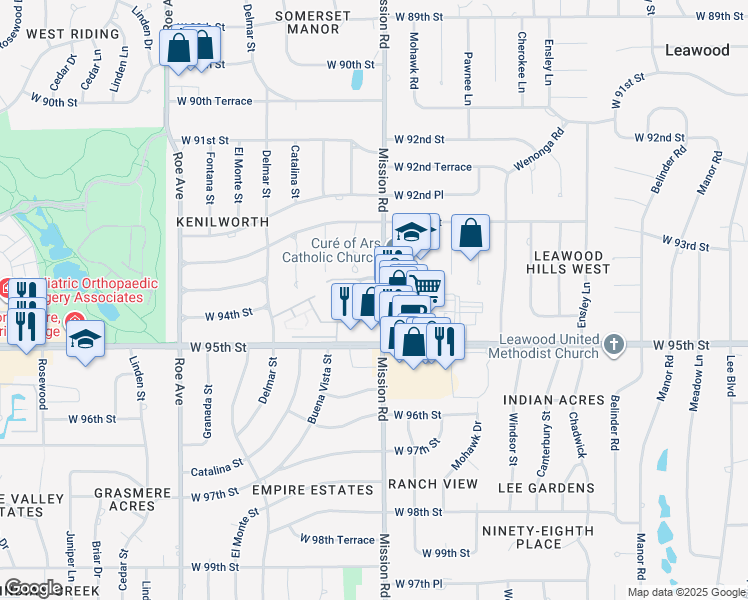 map of restaurants, bars, coffee shops, grocery stores, and more near 9400 Mission Road in Leawood