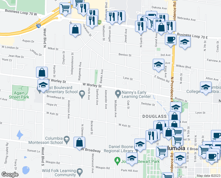 map of restaurants, bars, coffee shops, grocery stores, and more near 306 West Worley Street in Columbia