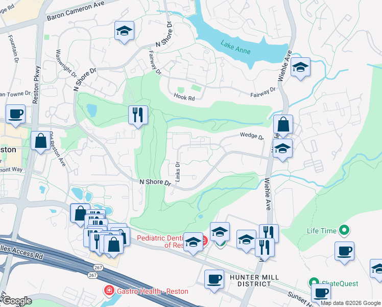 map of restaurants, bars, coffee shops, grocery stores, and more near 1701 Torrey Pines Court in Reston