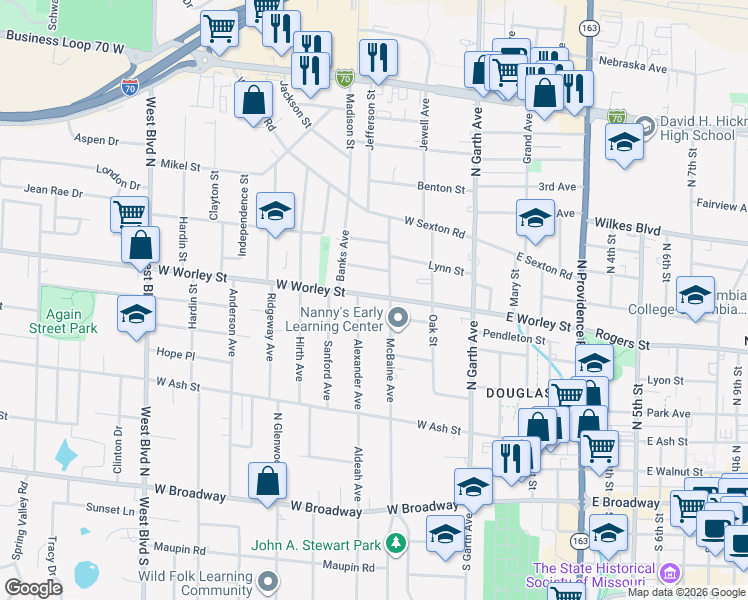 map of restaurants, bars, coffee shops, grocery stores, and more near 304 West Worley Street in Columbia