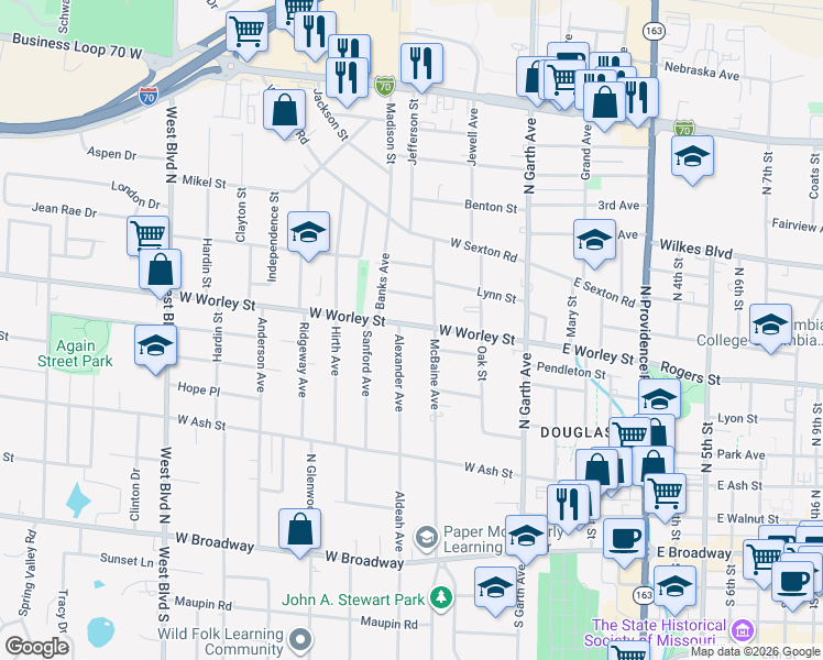 map of restaurants, bars, coffee shops, grocery stores, and more near 304 West Worley Street in Columbia