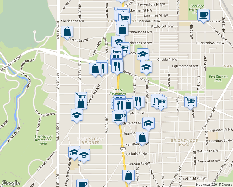 map of restaurants, bars, coffee shops, grocery stores, and more near 1209 Madison Street Northwest in Washington