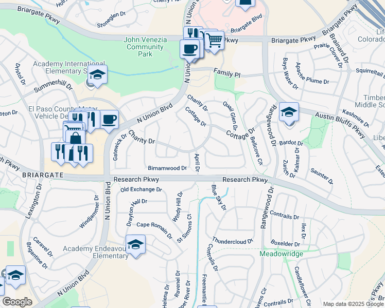 map of restaurants, bars, coffee shops, grocery stores, and more near 3665 Birnamwood Drive in Colorado Springs