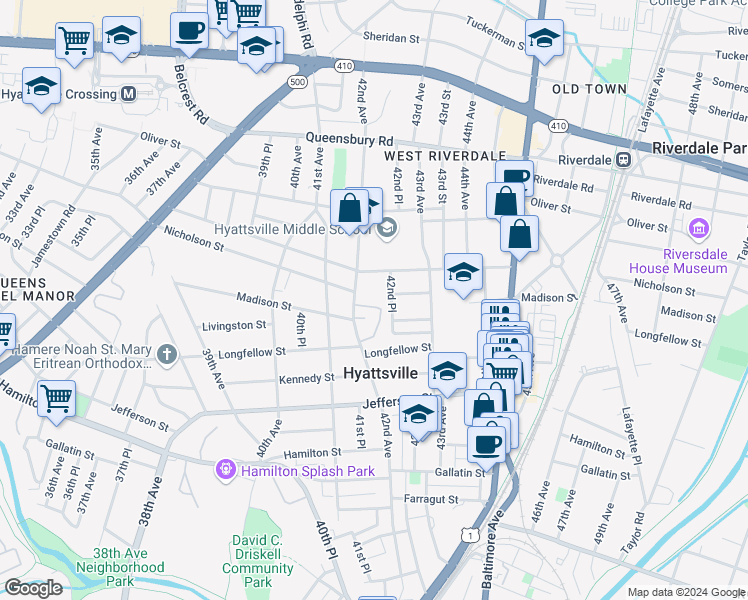 map of restaurants, bars, coffee shops, grocery stores, and more near 5805 42nd Avenue in Hyattsville