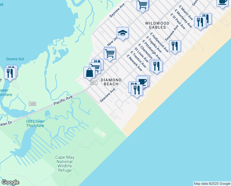 map of restaurants, bars, coffee shops, grocery stores, and more near 512 Turtle Gut Circle in Wildwood Crest