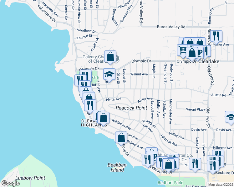 map of restaurants, bars, coffee shops, grocery stores, and more near 14260 Alvita Avenue in Clearlake