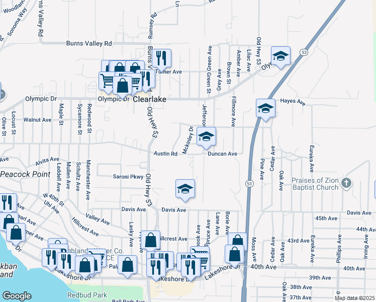 map of restaurants, bars, coffee shops, grocery stores, and more near 15183 Austin Road in Clearlake