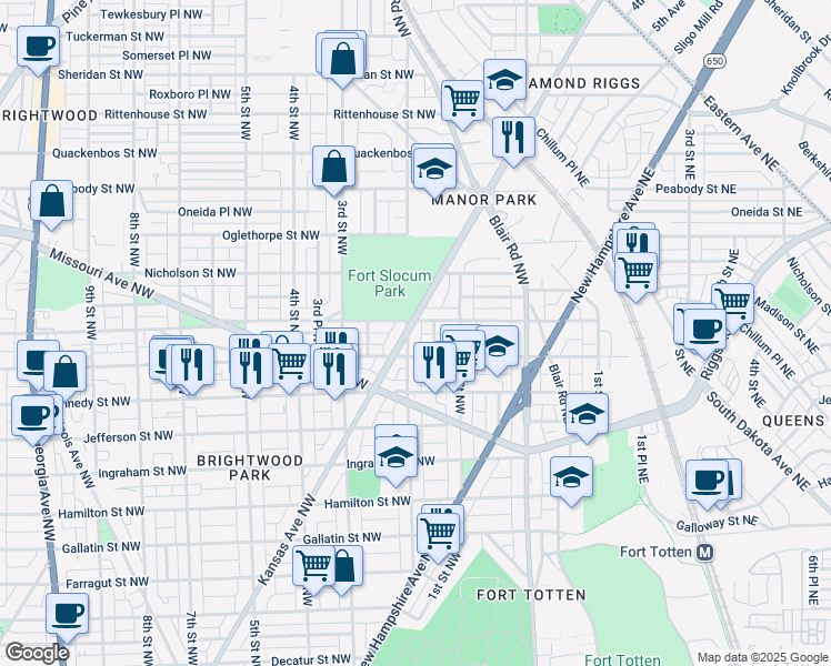 map of restaurants, bars, coffee shops, grocery stores, and more near 5623 Kansas Avenue Northwest in Washington