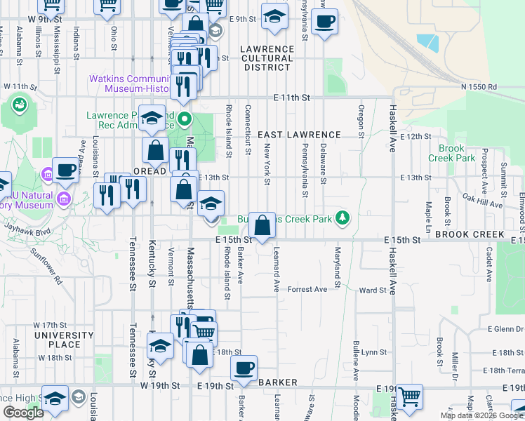 map of restaurants, bars, coffee shops, grocery stores, and more near 1406 Connecticut Street in Lawrence