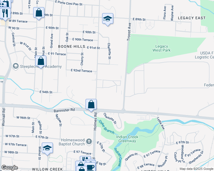 map of restaurants, bars, coffee shops, grocery stores, and more near 9425 Holmes Road in Kansas City