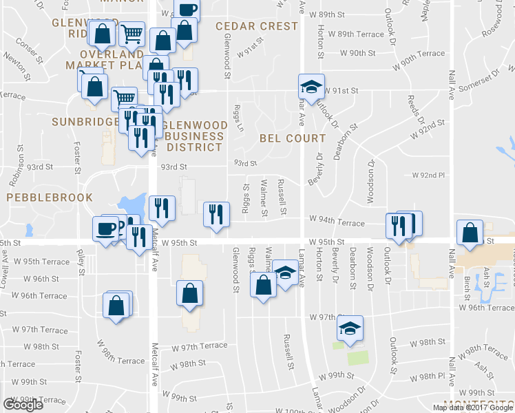 map of restaurants, bars, coffee shops, grocery stores, and more near 9441 Walmer Street in Overland Park