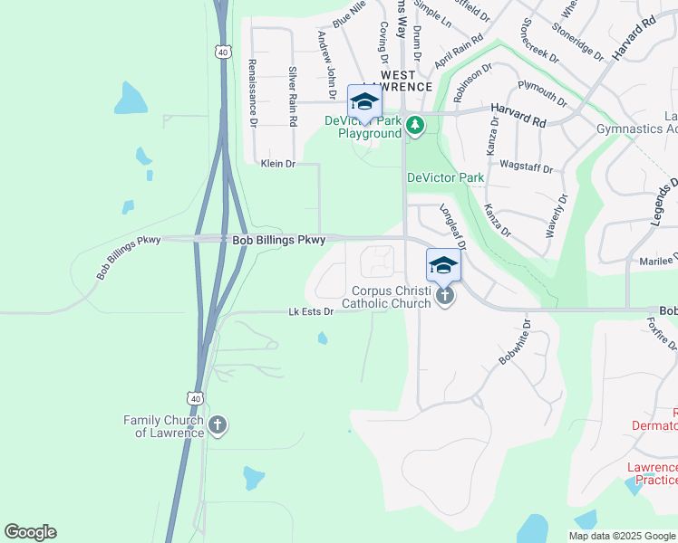 map of restaurants, bars, coffee shops, grocery stores, and more near 1516 Legend Trail Drive in Lawrence