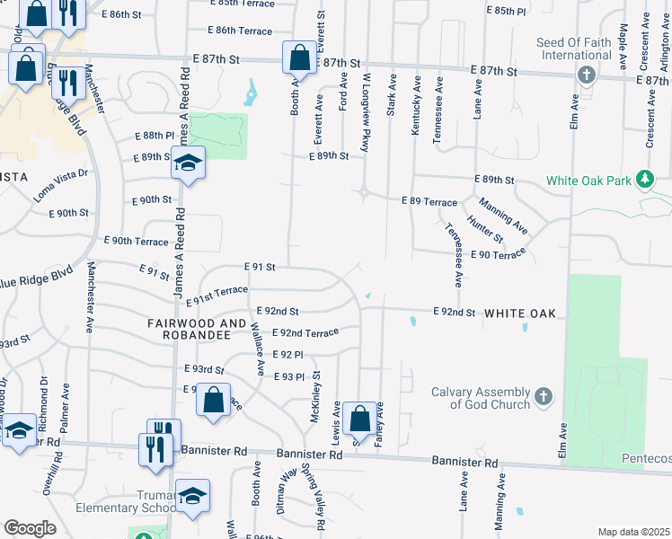 map of restaurants, bars, coffee shops, grocery stores, and more near 8706 East 91 Street in Kansas City