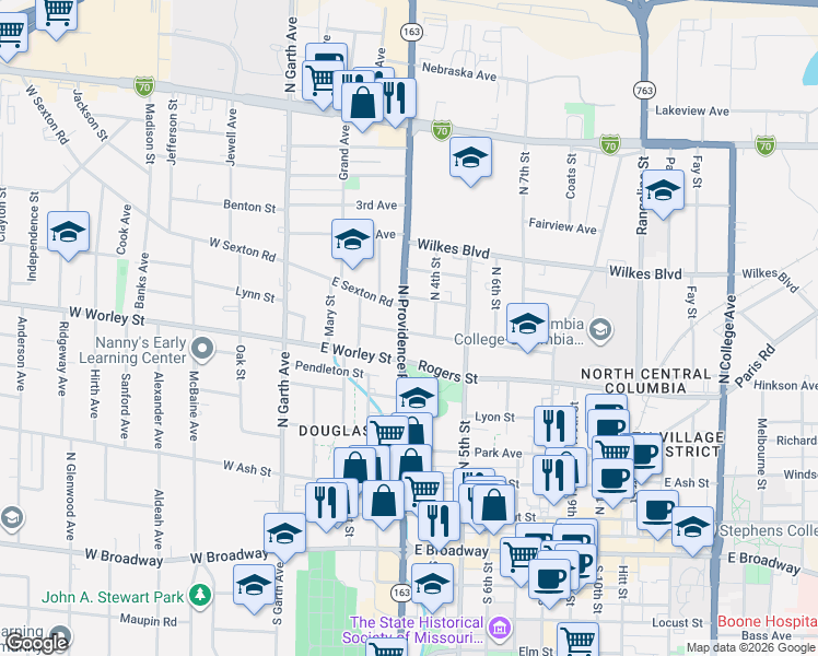 map of restaurants, bars, coffee shops, grocery stores, and more near 300 Hickman Avenue in Columbia