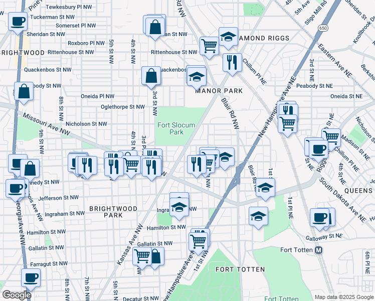 map of restaurants, bars, coffee shops, grocery stores, and more near 5623 Kansas Avenue Northwest in Washington