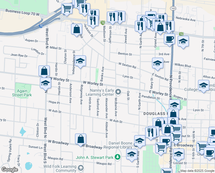 map of restaurants, bars, coffee shops, grocery stores, and more near 312 West Worley Street in Columbia