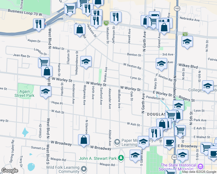 map of restaurants, bars, coffee shops, grocery stores, and more near 418 Sanford Avenue in Columbia