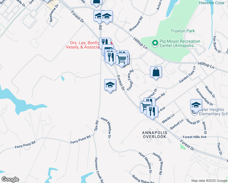 map of restaurants, bars, coffee shops, grocery stores, and more near 1399 Forest Drive in Annapolis