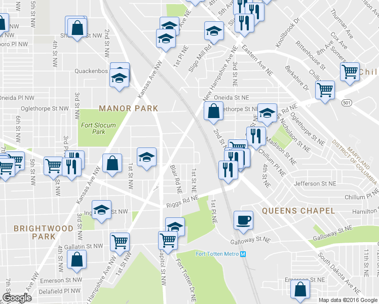 map of restaurants, bars, coffee shops, grocery stores, and more near 5618 1st Street Northeast in Washington