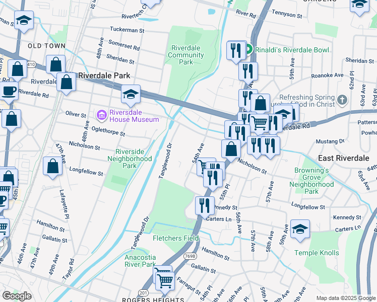 map of restaurants, bars, coffee shops, grocery stores, and more near 5600 54th Avenue in Riverdale Park