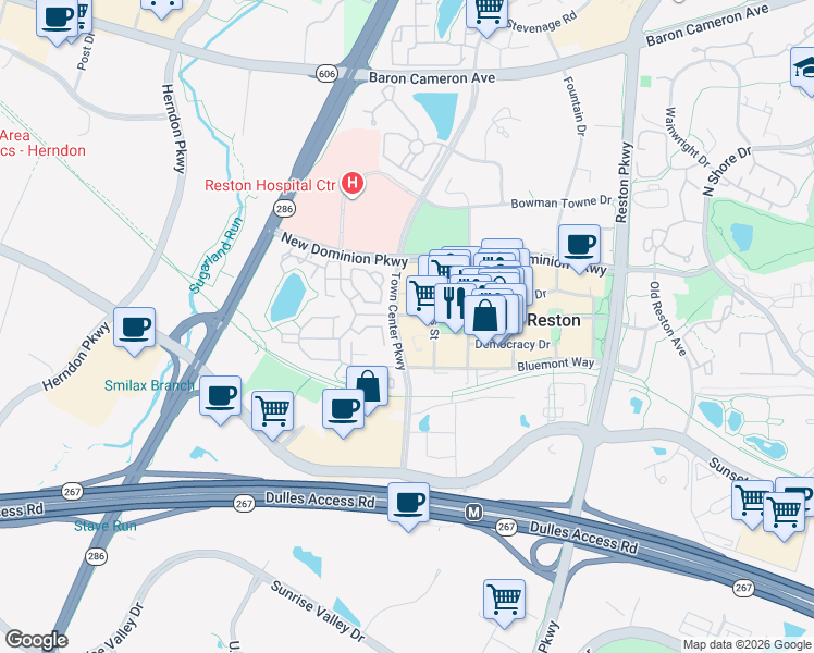 map of restaurants, bars, coffee shops, grocery stores, and more near 12001 Market Street in Reston