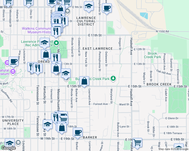 map of restaurants, bars, coffee shops, grocery stores, and more near 1405 New Jersey Street in Lawrence