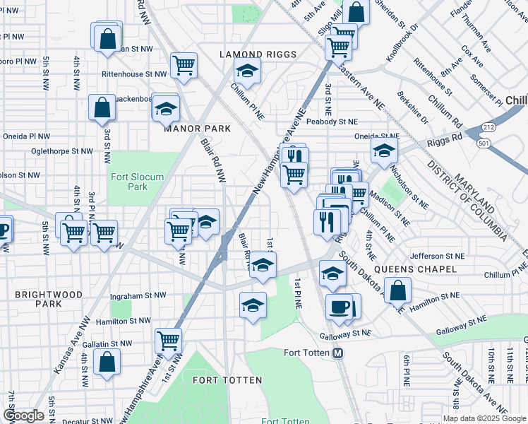 map of restaurants, bars, coffee shops, grocery stores, and more near 5618 1st Street Northeast in Washington