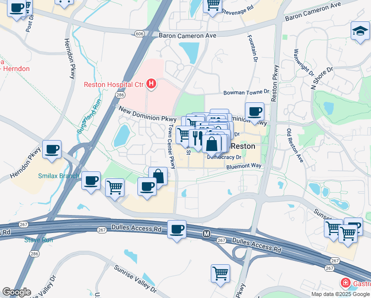 map of restaurants, bars, coffee shops, grocery stores, and more near 12001 Market Street in Reston