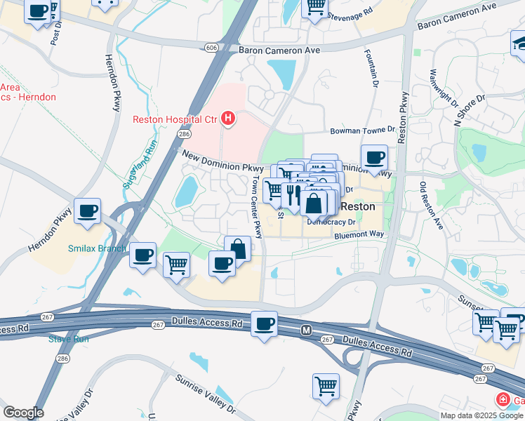 map of restaurants, bars, coffee shops, grocery stores, and more near 12001 Market Street in Reston
