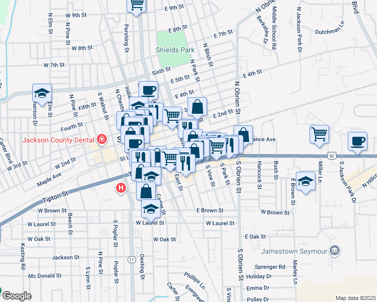 map of restaurants, bars, coffee shops, grocery stores, and more near 105 North Broadway Street in Seymour