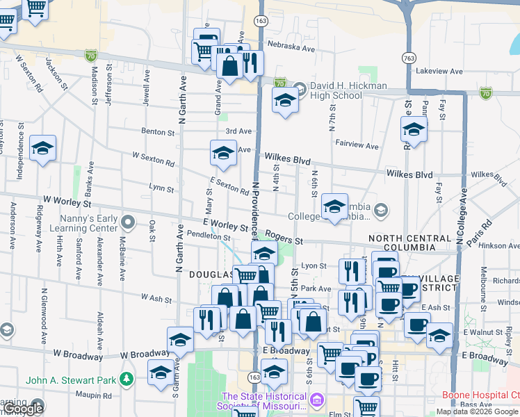 map of restaurants, bars, coffee shops, grocery stores, and more near 300 Hickman Avenue in Columbia